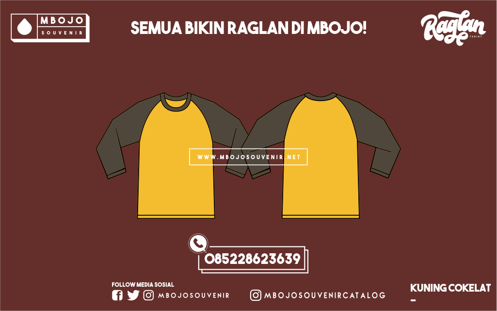 Kaos Raglan Polos Kuning Kenari Cokelat